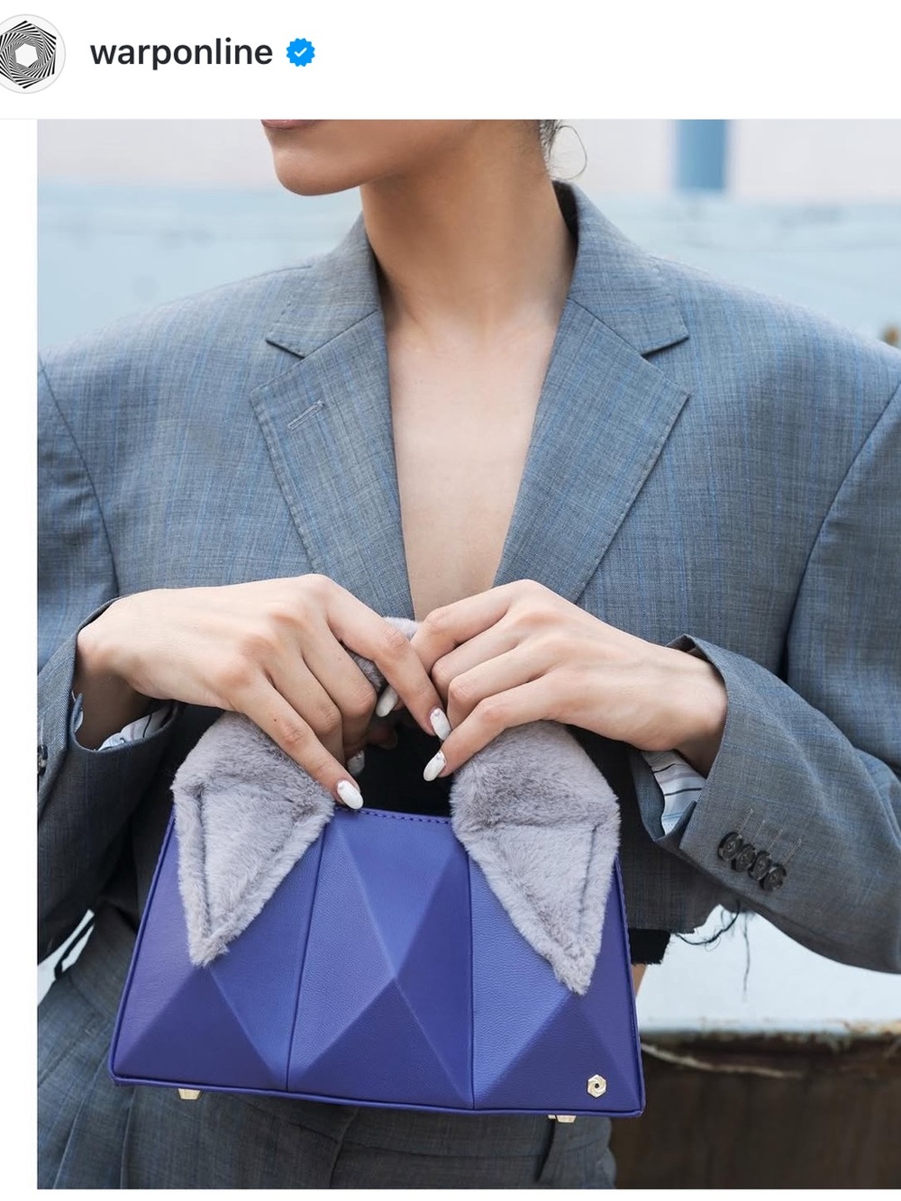 WARP- Purple Women’s Geometric Handbag with Gray Faux Fur Handle